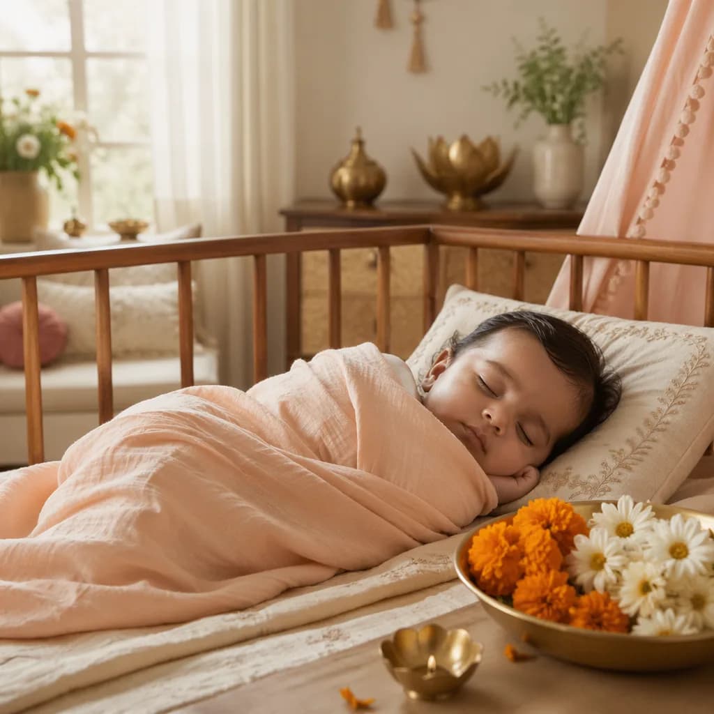 Soft pastel Indian-inspired nursery with a sleeping swaddled baby and delicate floral accents.