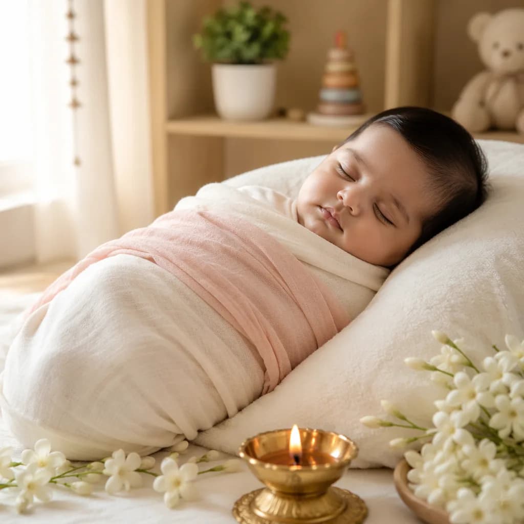Peaceful Indian baby in a soft pastel nursery with gentle floral and timeless decor.