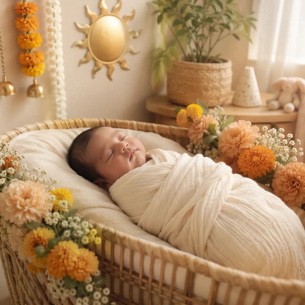 Sleeping baby in a soft pastel nursery with delicate Indian-inspired floral accents.