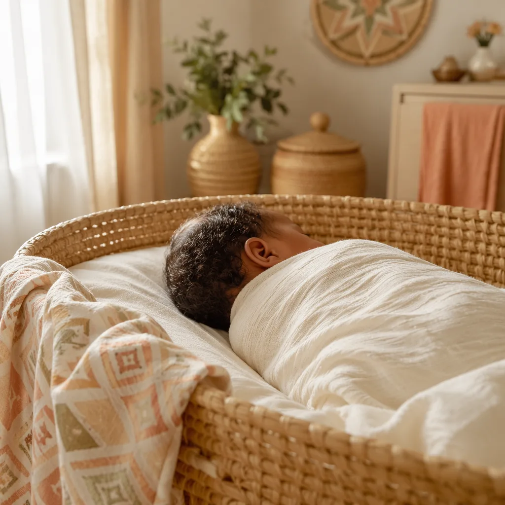 A peaceful newborn in a cozy nursery with soft Igbo-inspired decor.