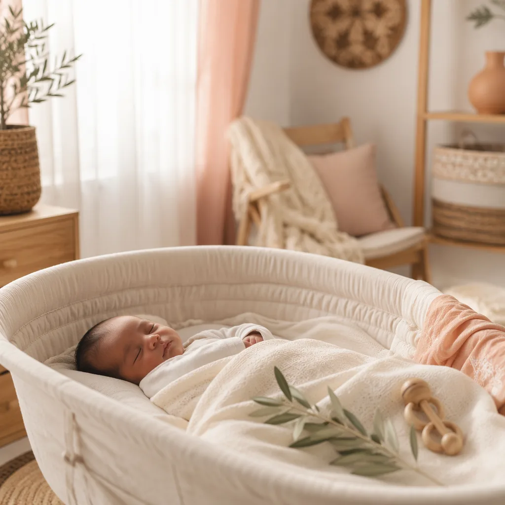 Peaceful pastel nursery with a sleeping baby, woven accents, and soft natural light.