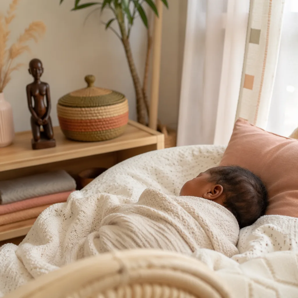 Peaceful Nigerian newborn in a soft pastel nursery with woven decor.