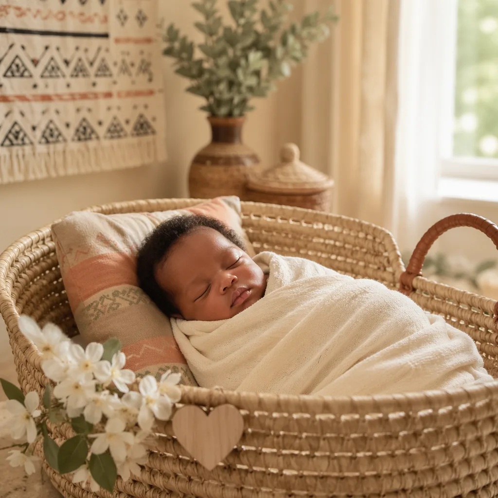 A peacefully sleeping Nigerian baby in a soft pastel nursery with woven textures and gentle natural light.