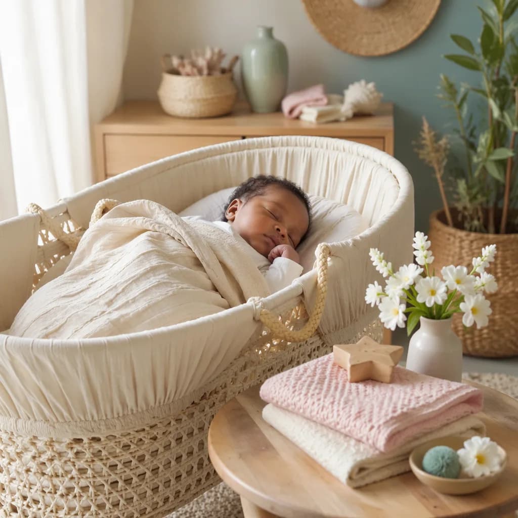 Peaceful Swahili-inspired nursery with a sleeping baby in soft natural light.
