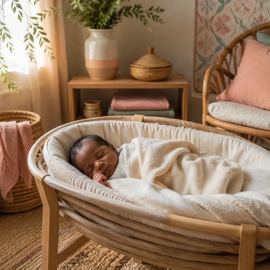 A peaceful newborn sleeping in a soft pastel Swahili-inspired nursery.