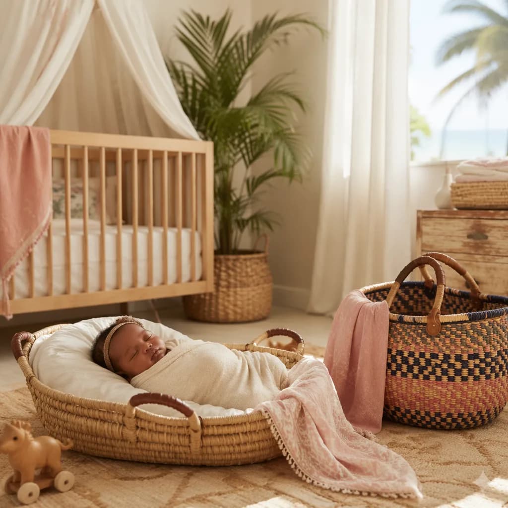 Peaceful swaddled baby in a warm pastel nursery with subtle Swahili-inspired woven decor.