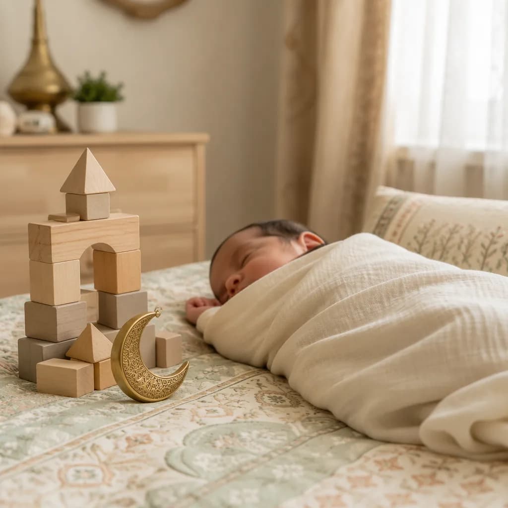 Soft pastel nursery scene with a swaddled newborn, wooden blocks, and a crescent charm.