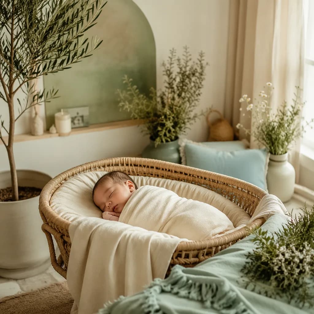 Sleeping baby in a soft Arabic-inspired nursery with gentle garden greenery.