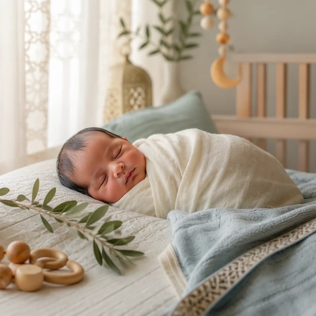 Peaceful newborn in a soft pastel nursery with warm natural light and gentle South Asian-inspired details.