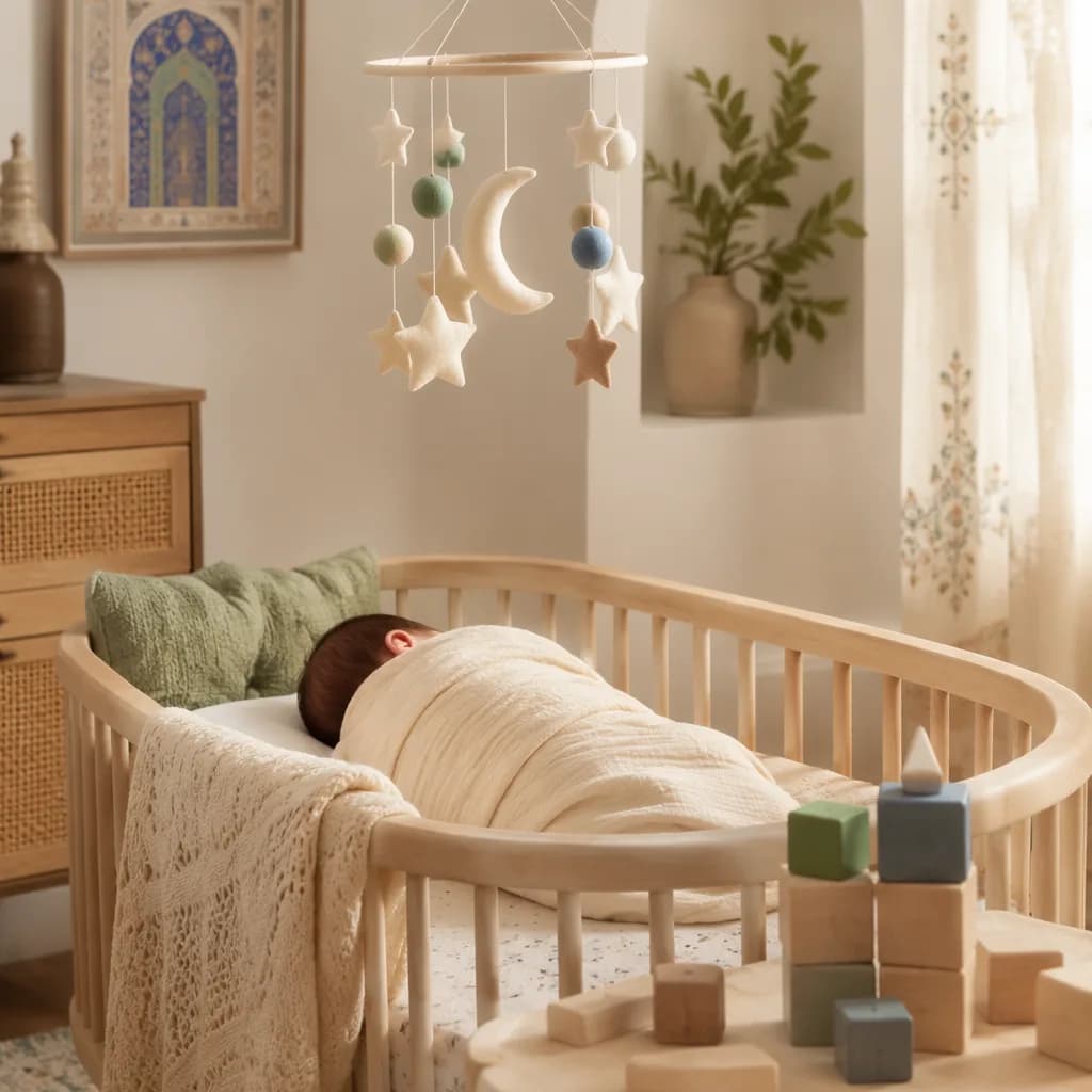 A swaddled newborn in a soft pastel nursery with warm natural light and wooden blocks.