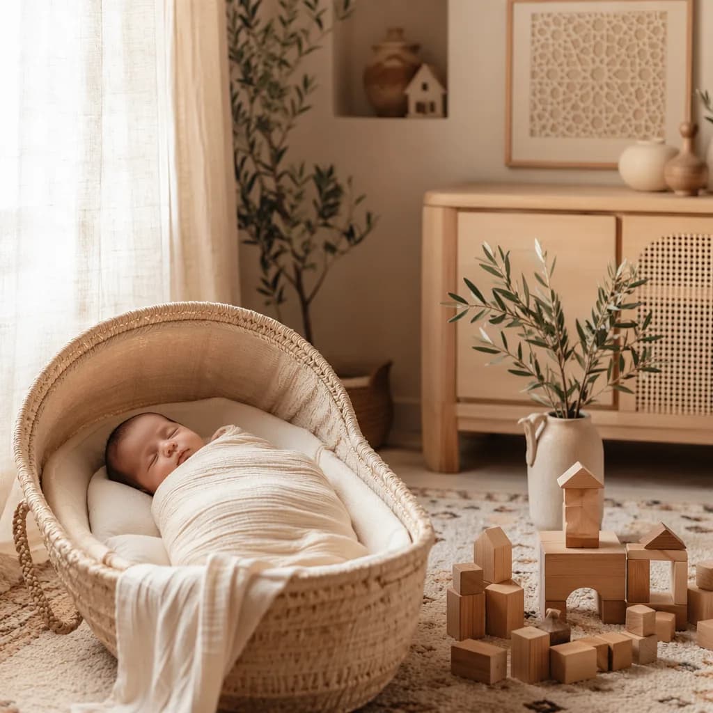 Sleeping newborn in a warm pastel nursery with wooden blocks and olive branch decor.