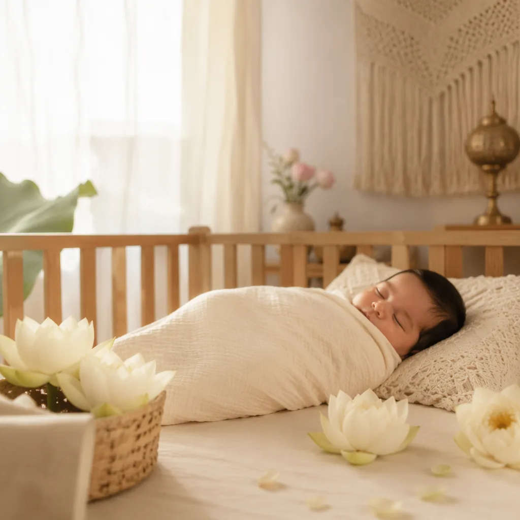 Peaceful pastel nursery with a swaddled baby and white lotus flowers, evoking purity.