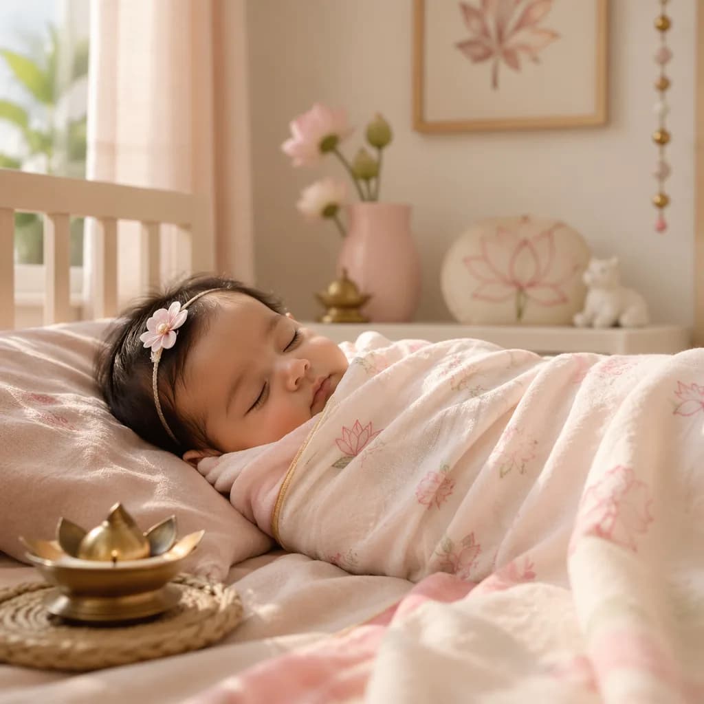 Peaceful baby in a soft pastel nursery with subtle Indian-inspired decor.