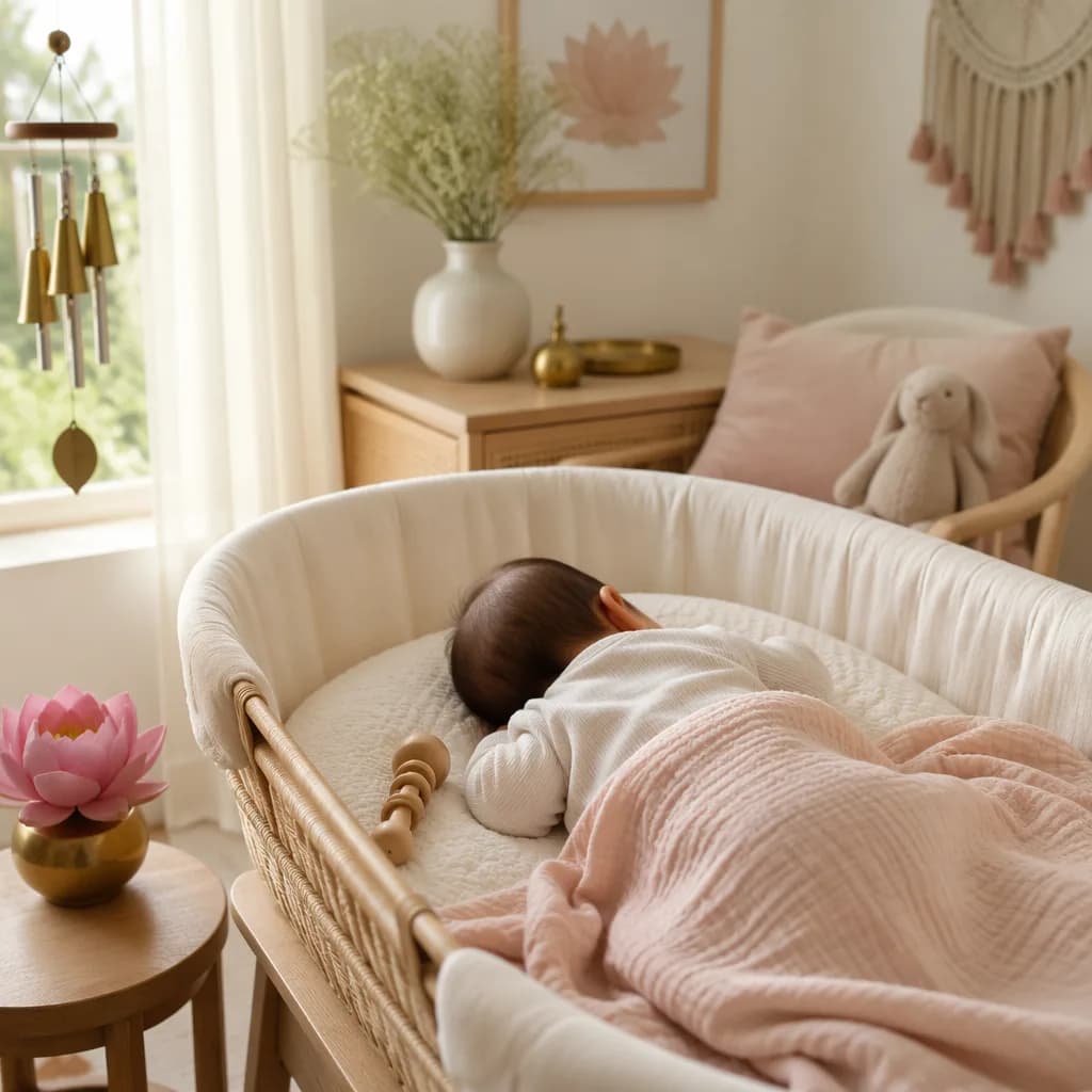 Soft pastel nursery with a sleeping baby, lotus, and gentle chimes inspired by the Sanskrit name Ananya Shruti Sharma.
