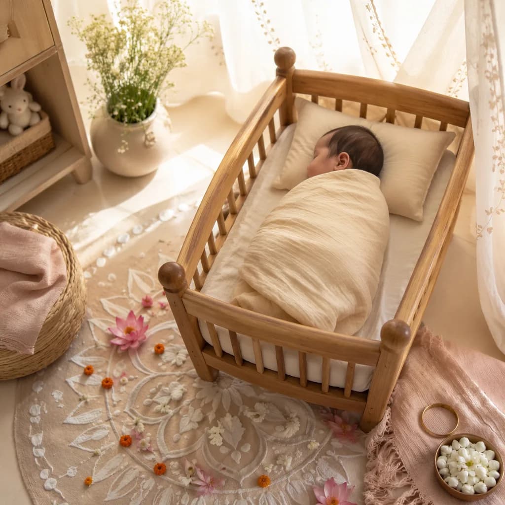 A peaceful Bengali-inspired nursery with a swaddled sleeping baby and soft pastel details.