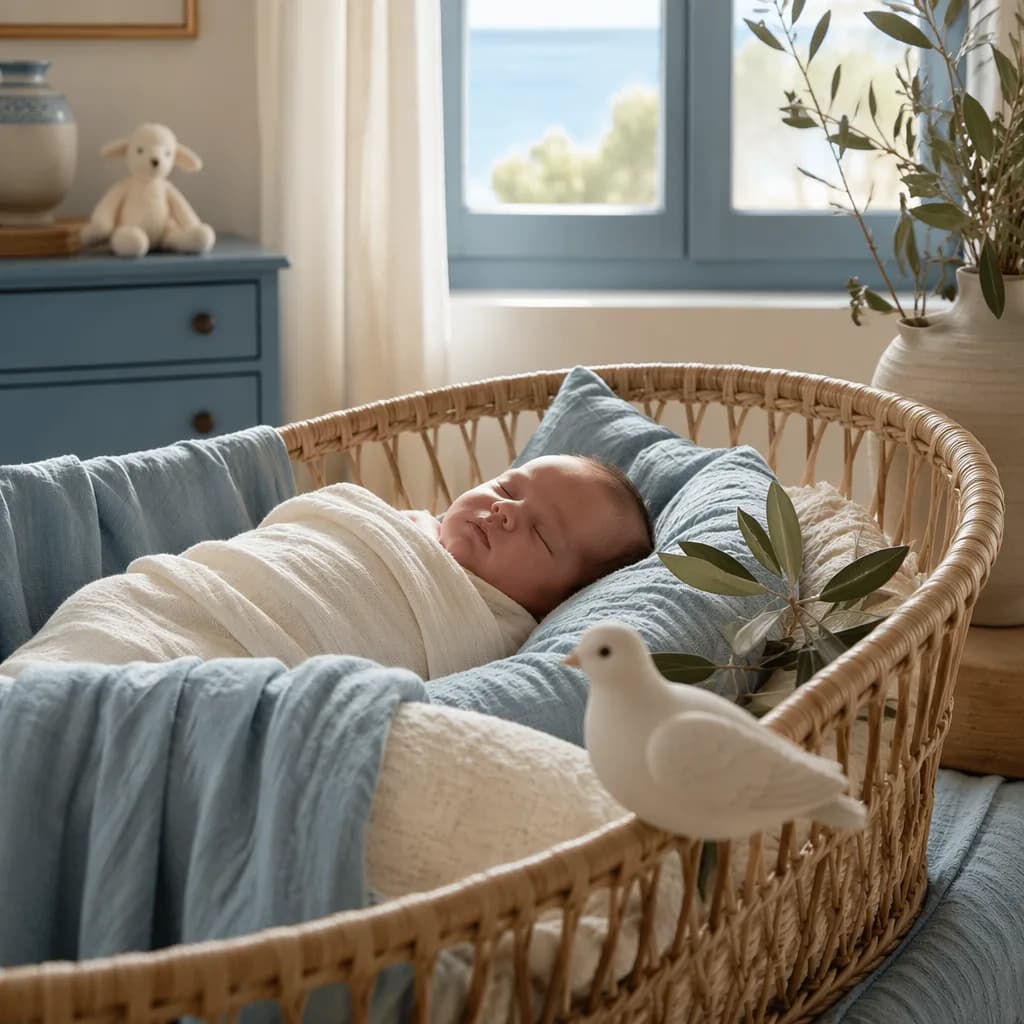 Sleeping swaddled baby in a soft Greek-inspired nursery with olive branch accents