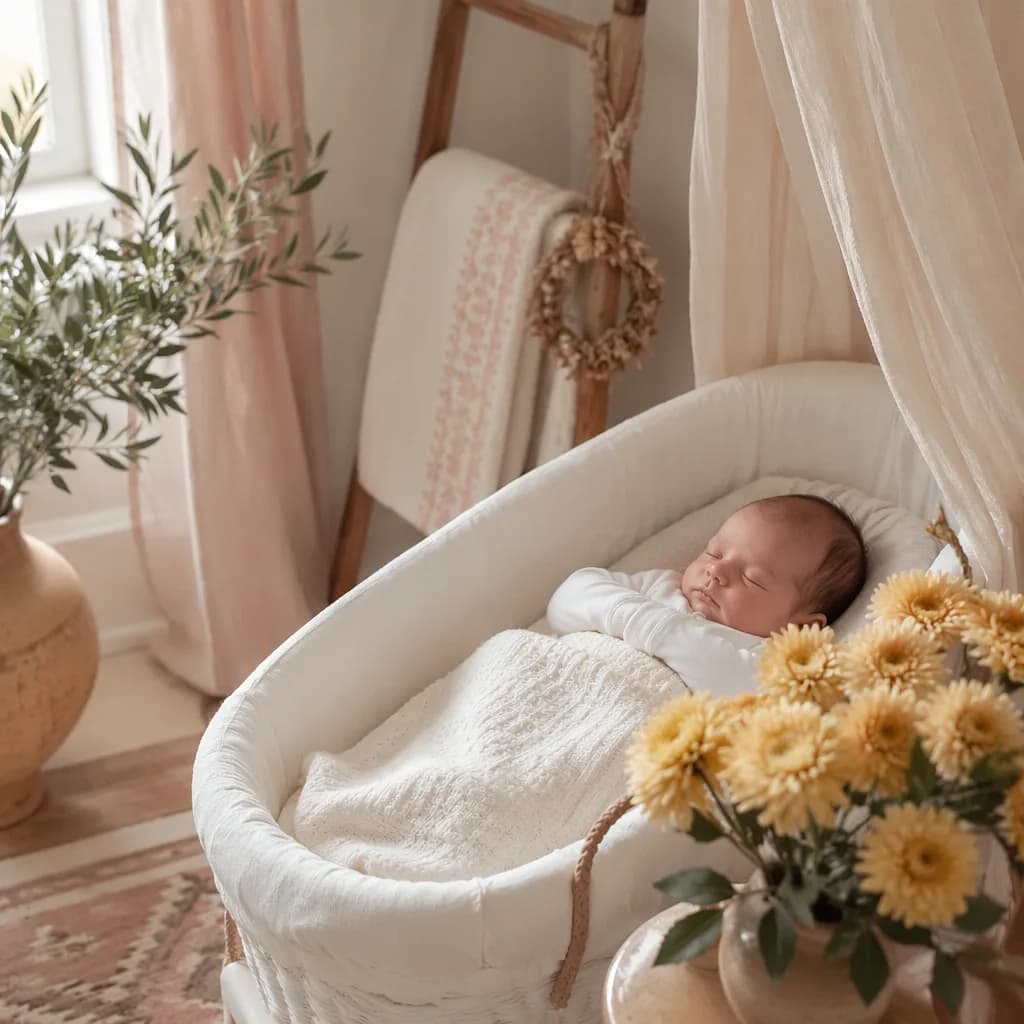 Sleeping baby in a soft Greek-inspired nursery with golden flowers and olive branches.