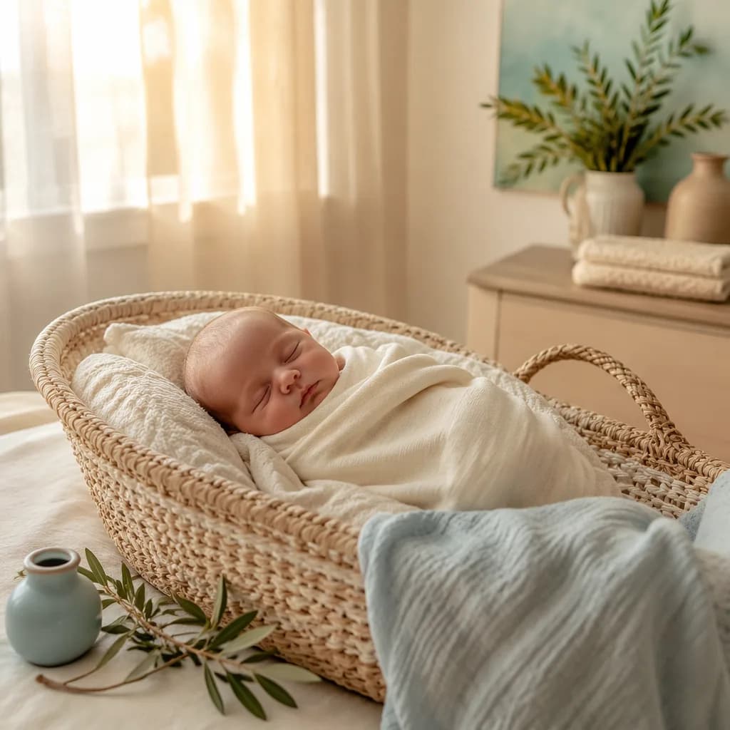 A swaddled baby in a softly lit Greek-inspired nursery with olive branches and pastel decor.