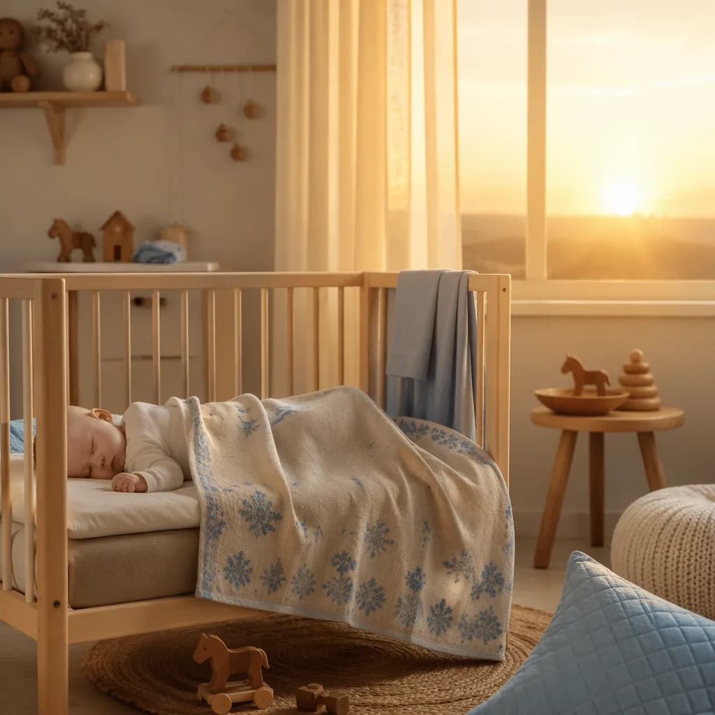 A peaceful pastel nursery at sunrise with a sleeping baby in a wooden crib.