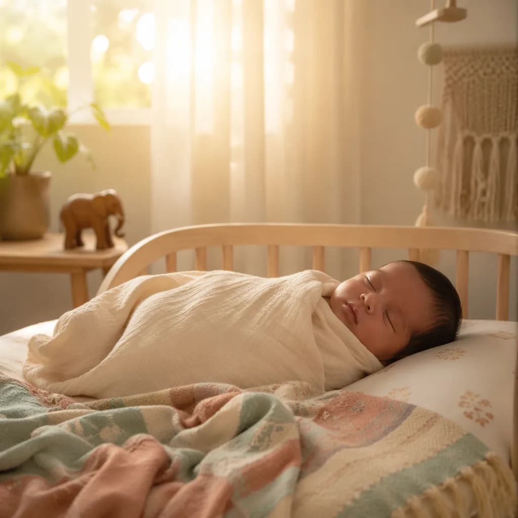 Sleeping newborn in a softly lit pastel nursery with warm sunrise light and subtle Indian-inspired decor.