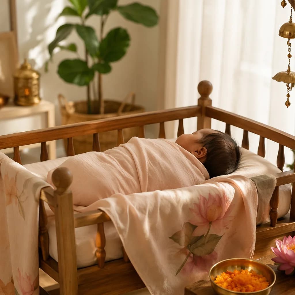 Sleeping baby in a soft pastel nursery with gentle Indian-inspired decor.