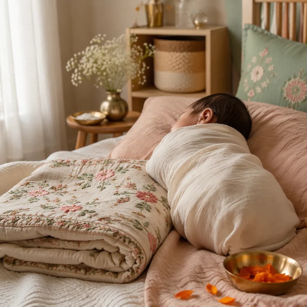 Peaceful Punjabi-inspired nursery with a swaddled newborn in soft natural light.