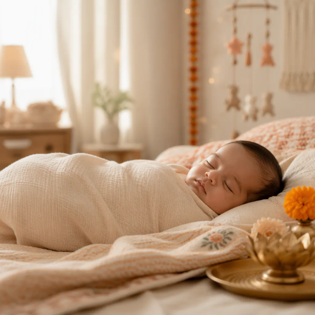 A peaceful sleeping baby in a warm pastel nursery with subtle Indian-inspired decor.