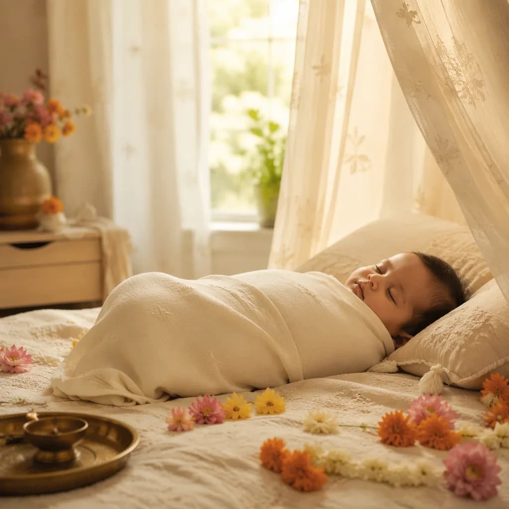A peacefully sleeping baby in a soft pastel nursery with gentle Indian-inspired decor.