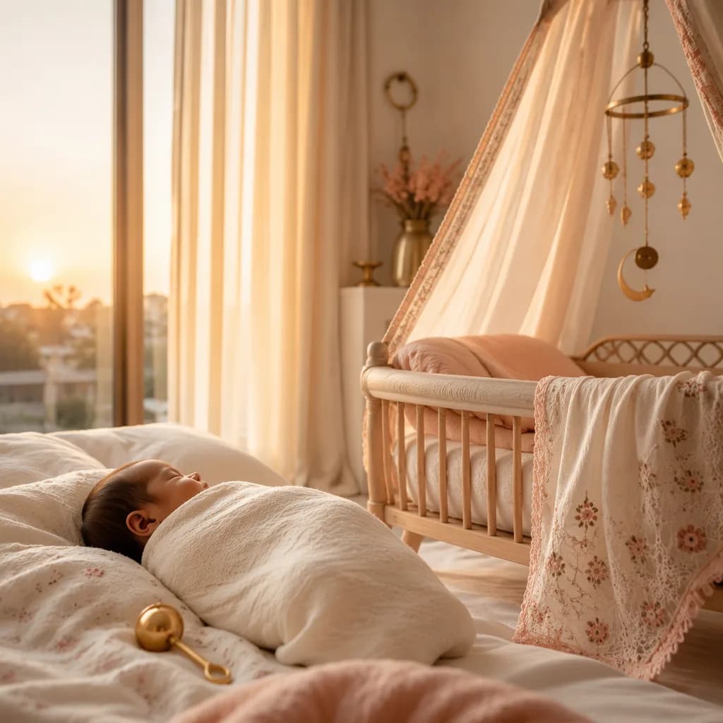 A peaceful newborn nursery bathed in soft sunrise light with pastel blankets and gentle South Asian accents.