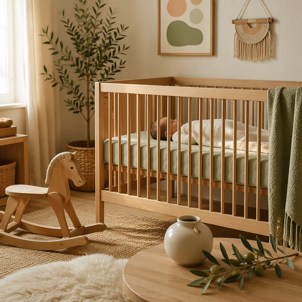 Soft Spanish nursery scene with a swaddled baby, olive branch, and wooden rocking horse.