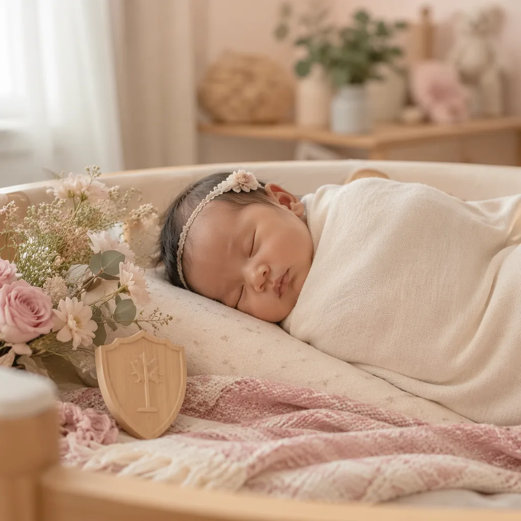 A peacefully sleeping Filipino baby in a soft pastel nursery with gentle symbolic details of strength and grace.