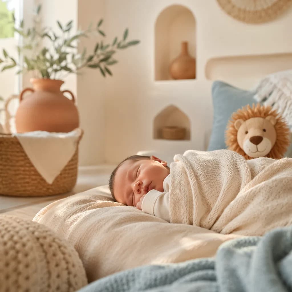 Peaceful Spanish nursery scene with a sleeping newborn, soft blankets, olive branch, and lion plush.