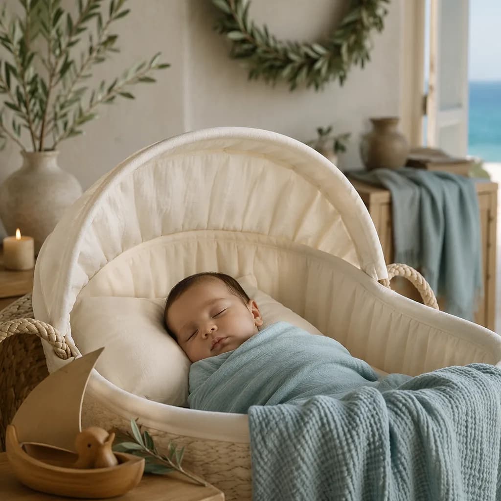 Peaceful Greek-inspired nursery with a sleeping baby, olive branches, and soft pastel Mediterranean decor.