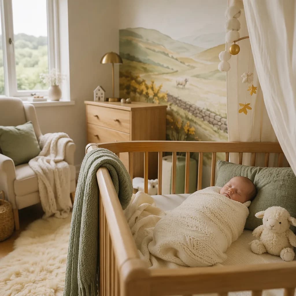 Sleeping baby in a soft Welsh-inspired nursery with golden accents and a plush lamb.