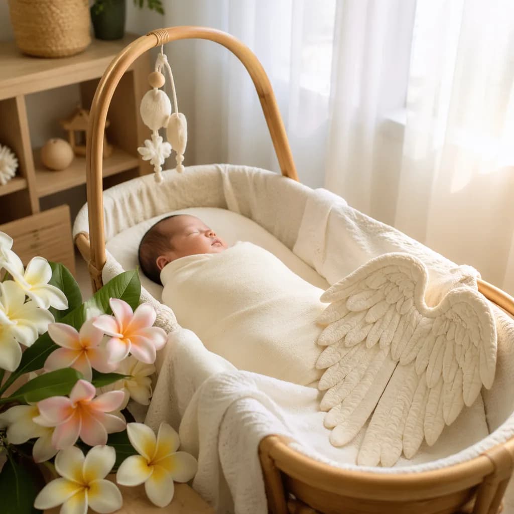 Sleeping swaddled baby in a soft Hawaiian-inspired nursery with plumeria and angel-wing details.