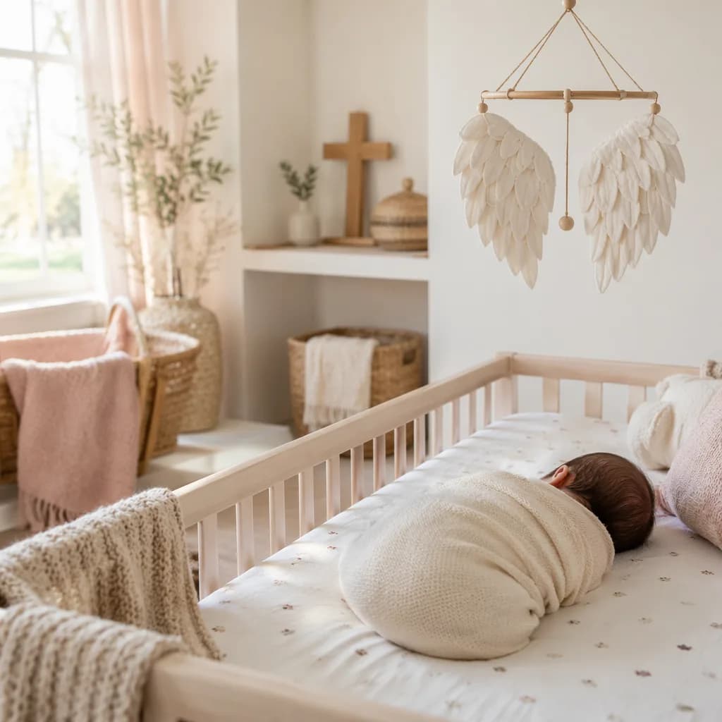 A peaceful pastel nursery with a swaddled sleeping baby, angel mobile, and small wooden cross.