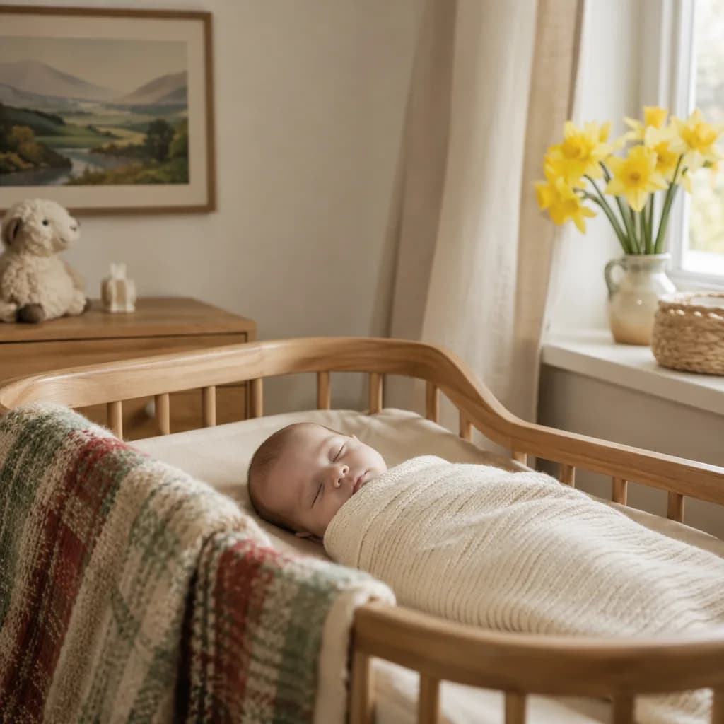 A softly lit Welsh-inspired nursery with a swaddled sleeping baby, daffodils, and cozy pastel decor.