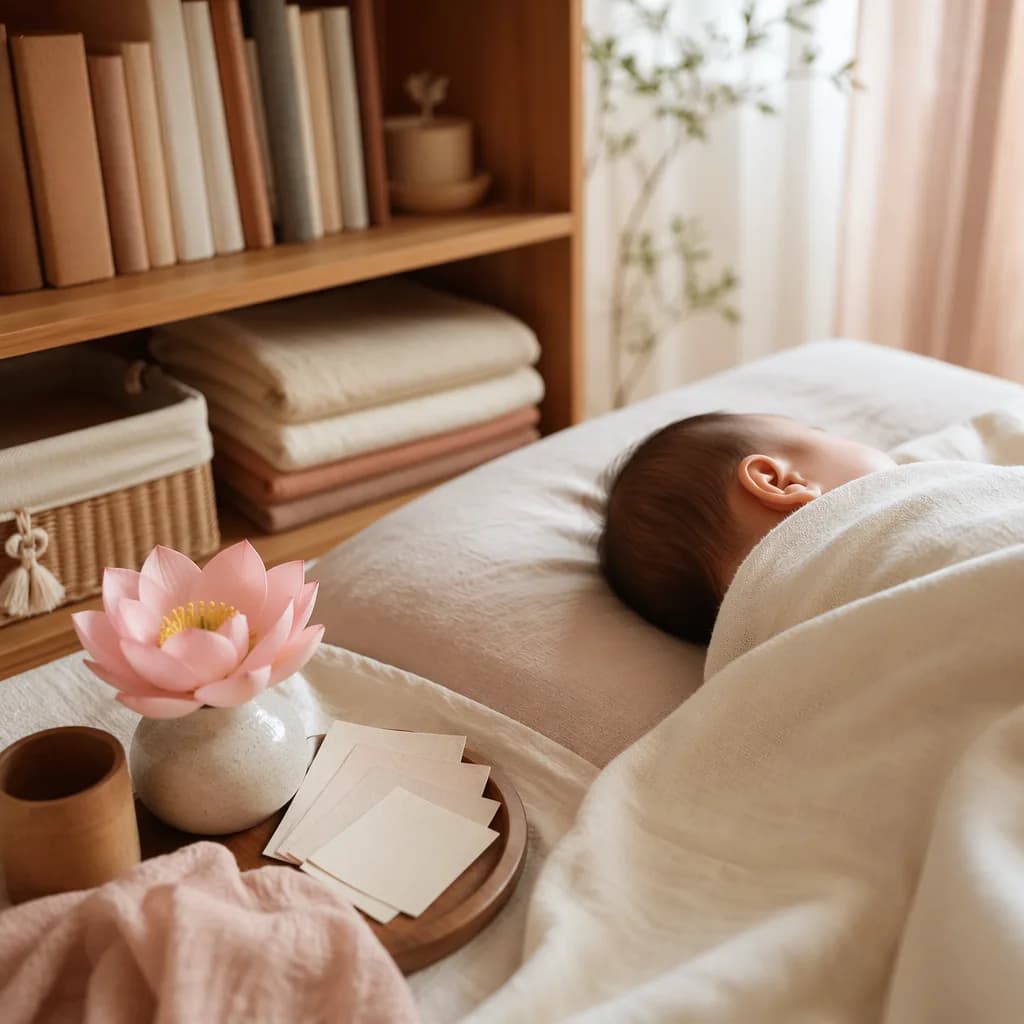 Sleeping Vietnamese baby in a soft pastel nursery with lotus and book-inspired decor.