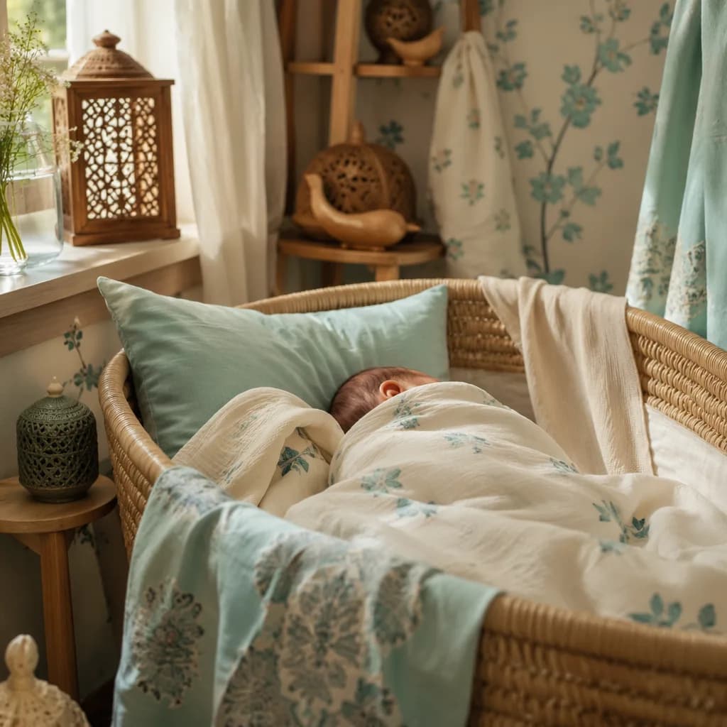A peaceful Bengali-inspired nursery scene with a swaddled baby and soft turquoise pastel accents.