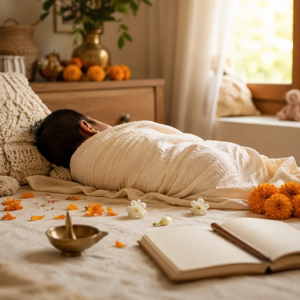 A peaceful Indian baby in a soft pastel nursery with marigolds, jasmine, and a blank poetry notebook.