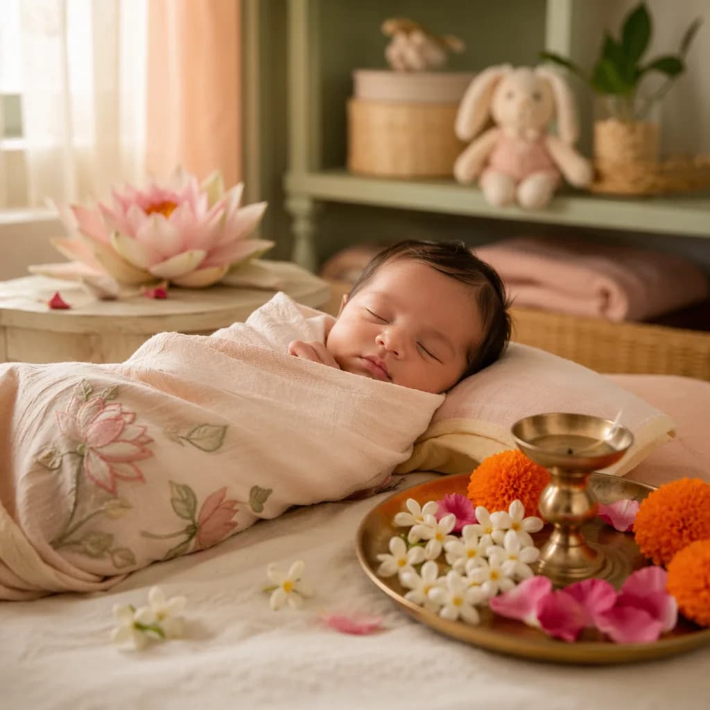 A softly lit nursery with a sleeping swaddled baby and gentle Indian-inspired floral details.