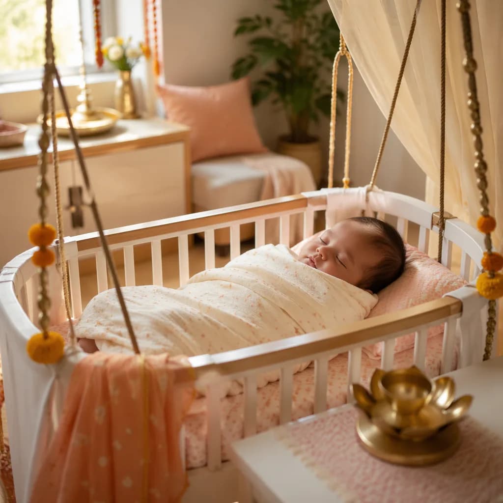 Peaceful swaddled baby in a warm pastel nursery with subtle Indian-inspired accents.