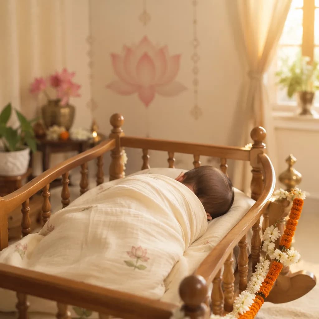 A serene sleeping baby in a soft pastel nursery with lotus and floral accents.