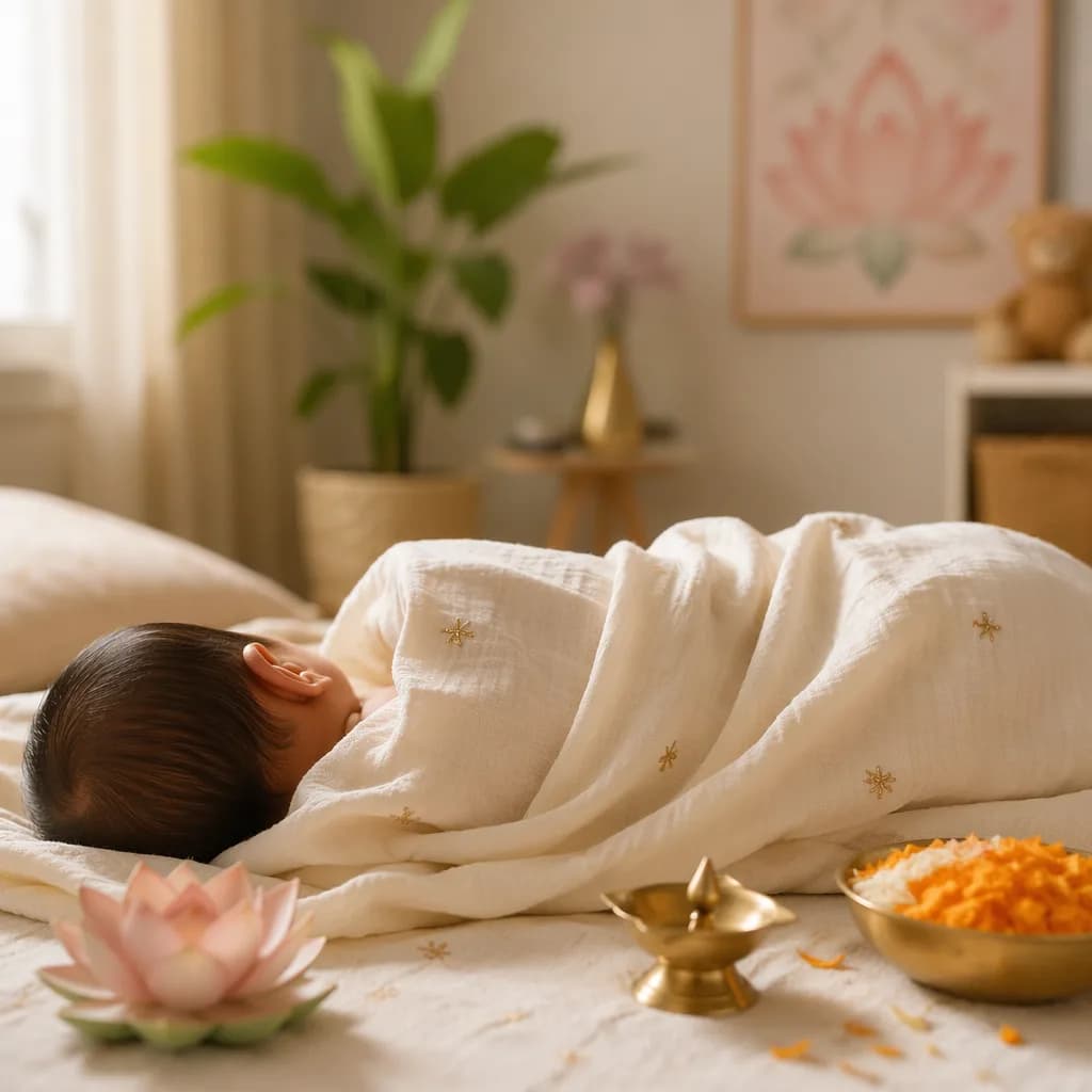 Sleeping baby in a soft pastel nursery with gentle Sanskrit-inspired details.