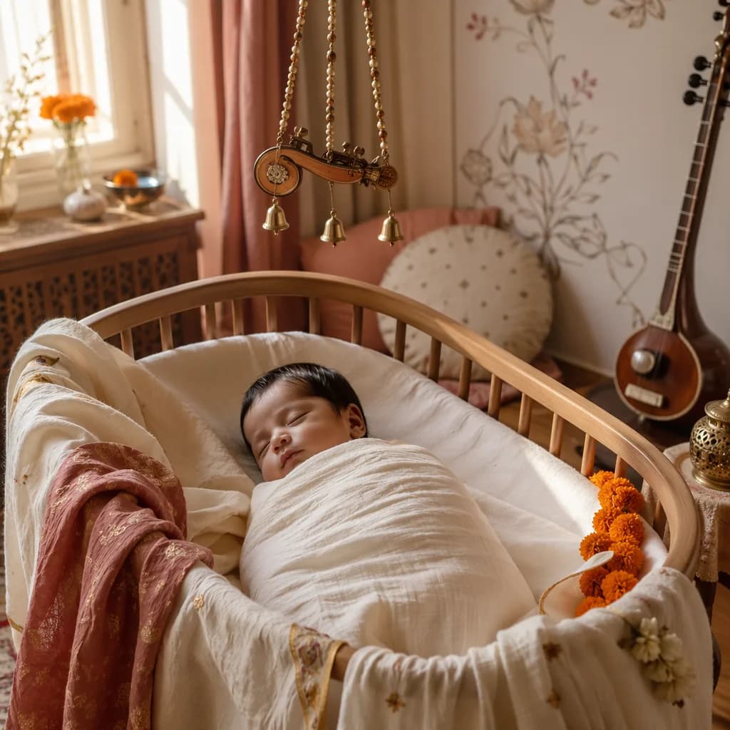 A softly lit Indian-inspired nursery with a swaddled sleeping baby and gentle musical decor.