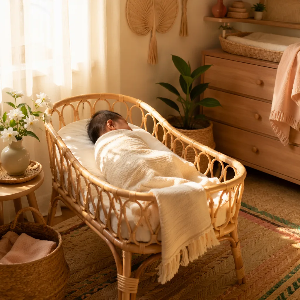 A cozy pastel nursery with a Filipino baby in a rattan bassinet glowing in soft morning sunlight.