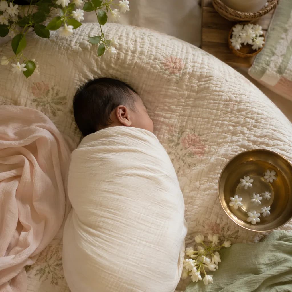 A sleeping newborn wrapped in ivory muslin beside jasmine flowers and a small water bowl in a soft pastel nursery.