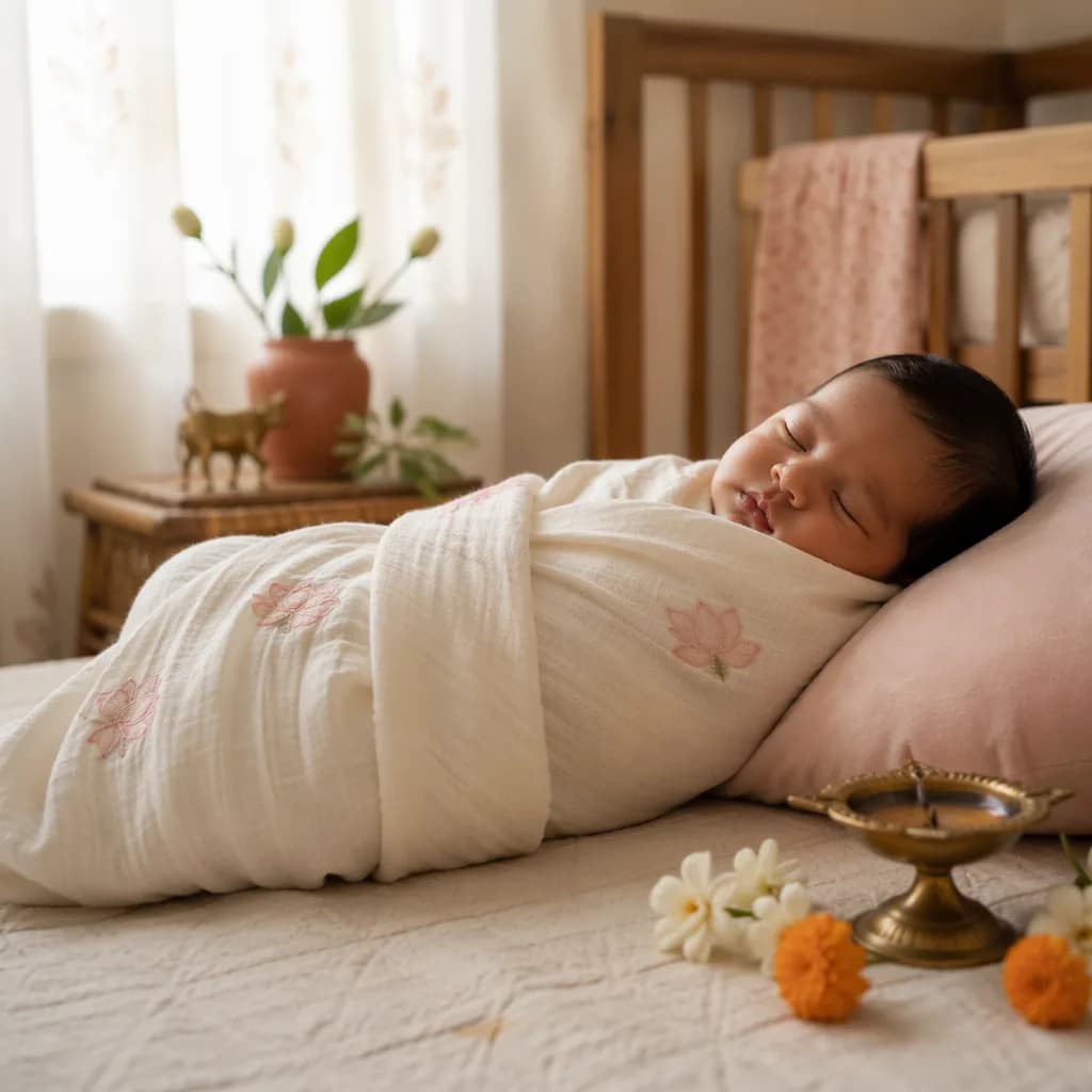 Peaceful newborn in a soft pastel nursery with lotus and floral accents.