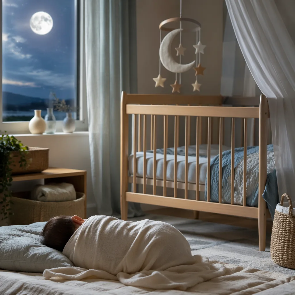 Peaceful pastel nursery with a sleeping baby and crescent moon mobile.
