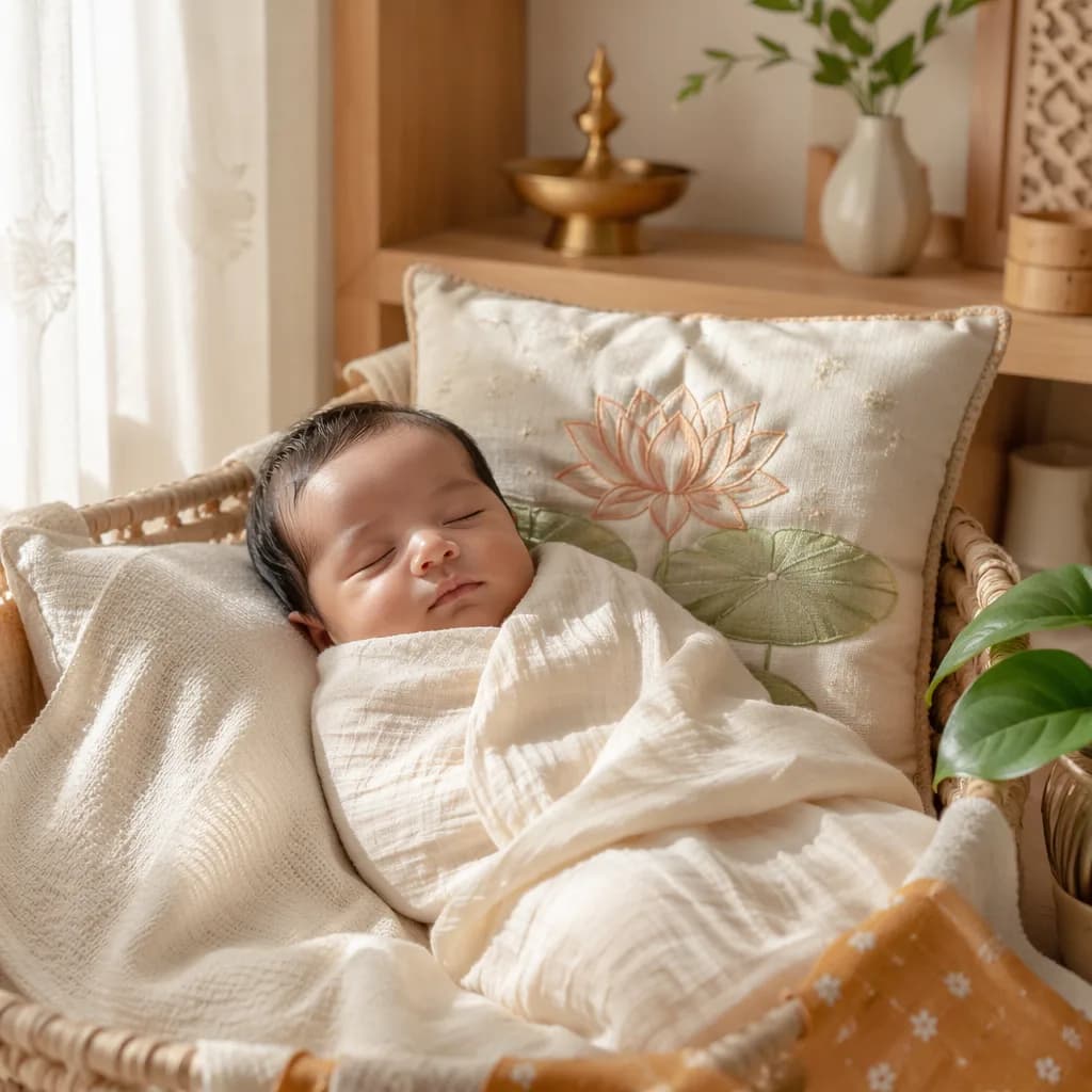 Peaceful newborn in a pastel nursery with subtle Sanskrit-inspired decor.